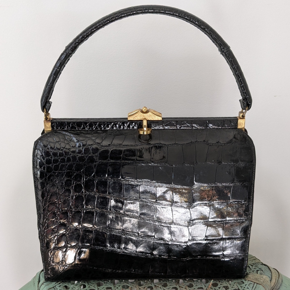 Elegant Black Crocodile-Embossed Handbag